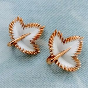 Crown Trifari White & Gold Enamel Leaf Earrings